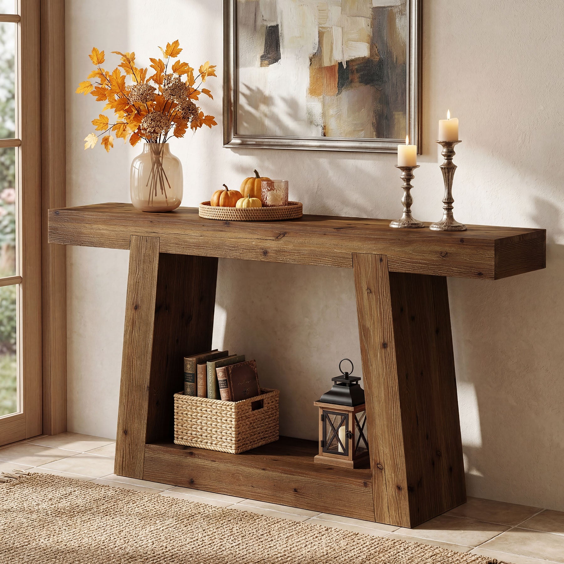 55" Solid Wood Console Table with 2-Tier Storage, Farmhouse Entryway Sofa Table for Hallway & Living Room