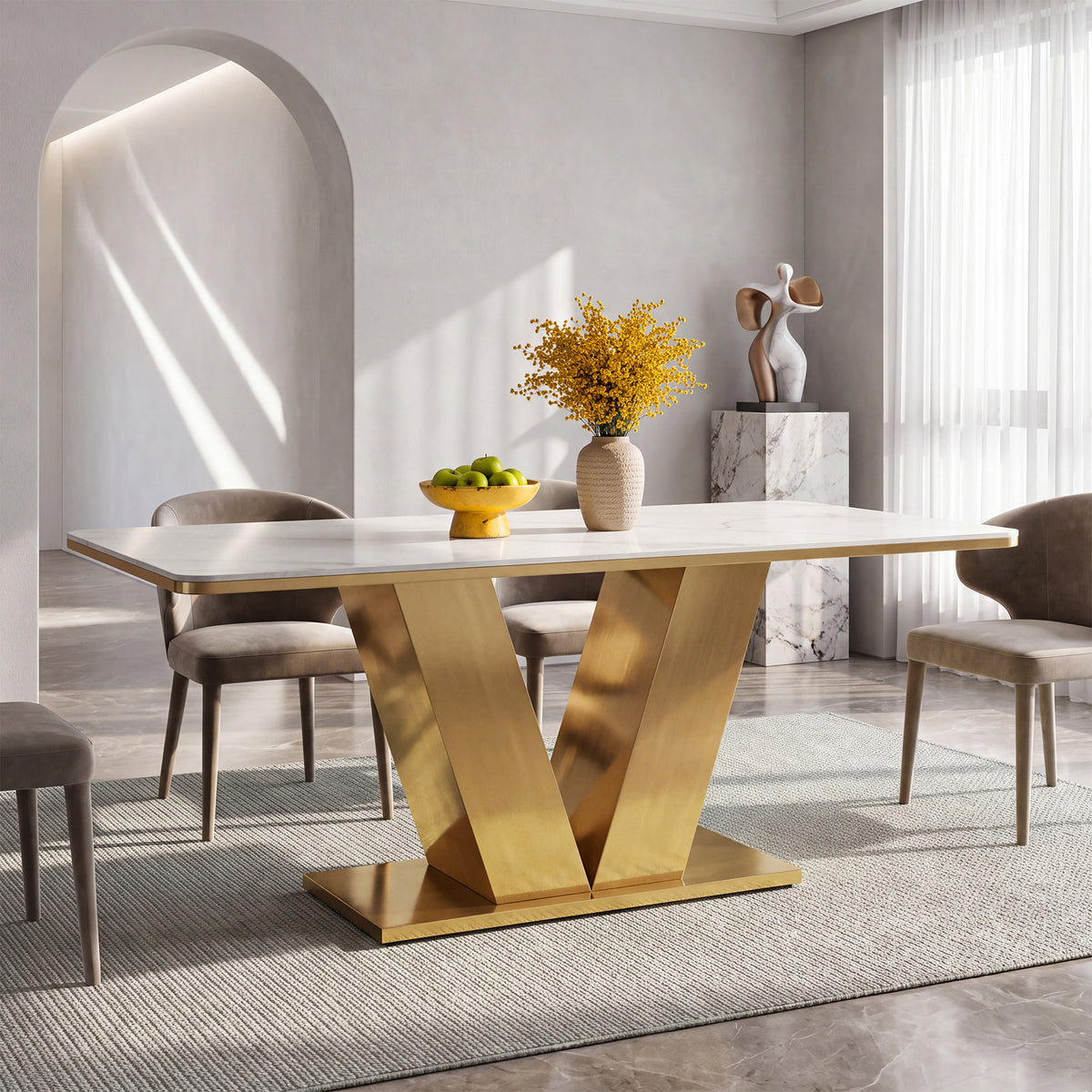 63" Sintered Stone Dining Table, Luxury Kitchen Table with V-Shape Steel Base for 4-6 People