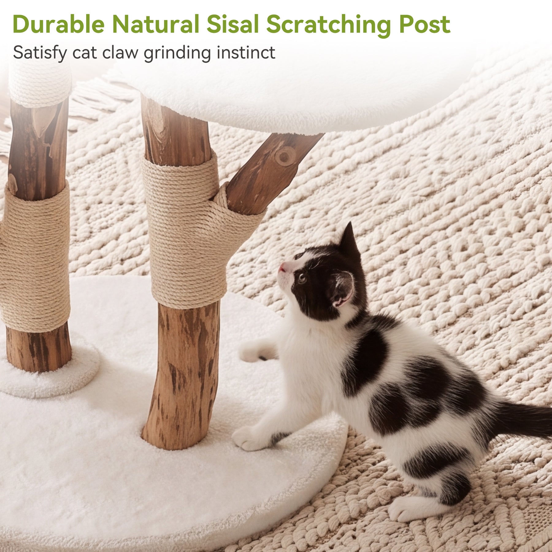 59" Cat Tree, Solid Wood Cat Tower with Scratching Post, Perches & Toy Balls