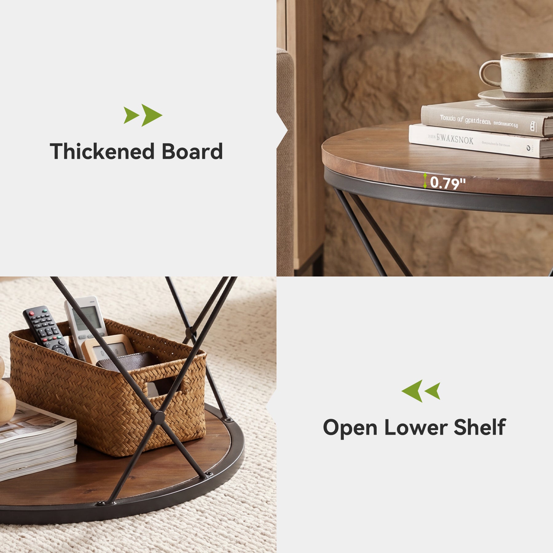 31.5" Round Coffee Table with Storage Shelf, Industrial Solid Wood Coffee Table