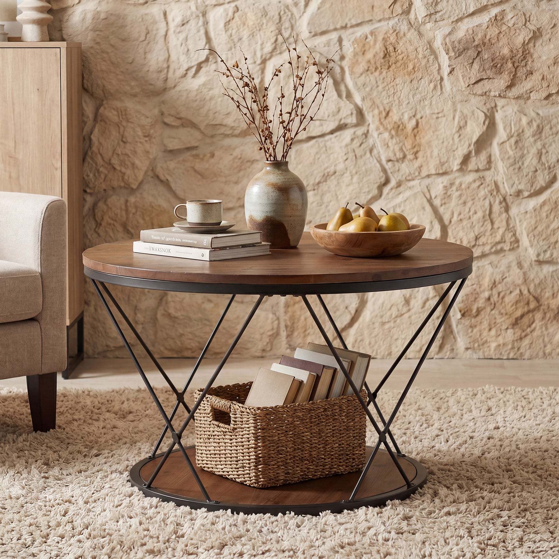 31.5" Round Coffee Table with Storage Shelf, Industrial Solid Wood Coffee Table
