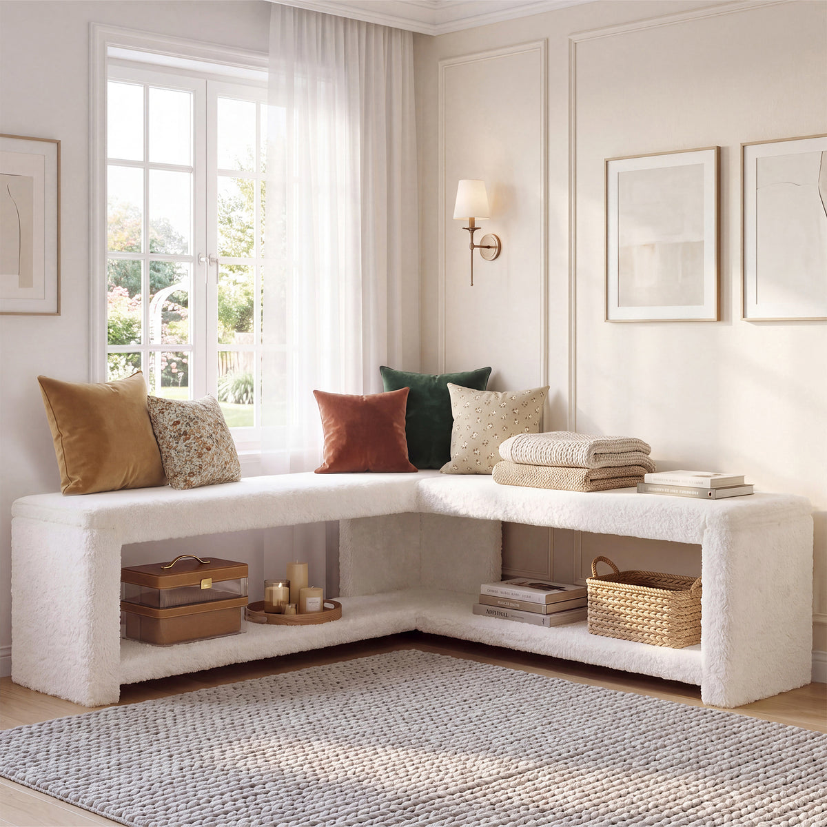 L-Shaped Corner Shoe Bench, Off-White Arctic Velvet Upholstery, Thick Padded Seat