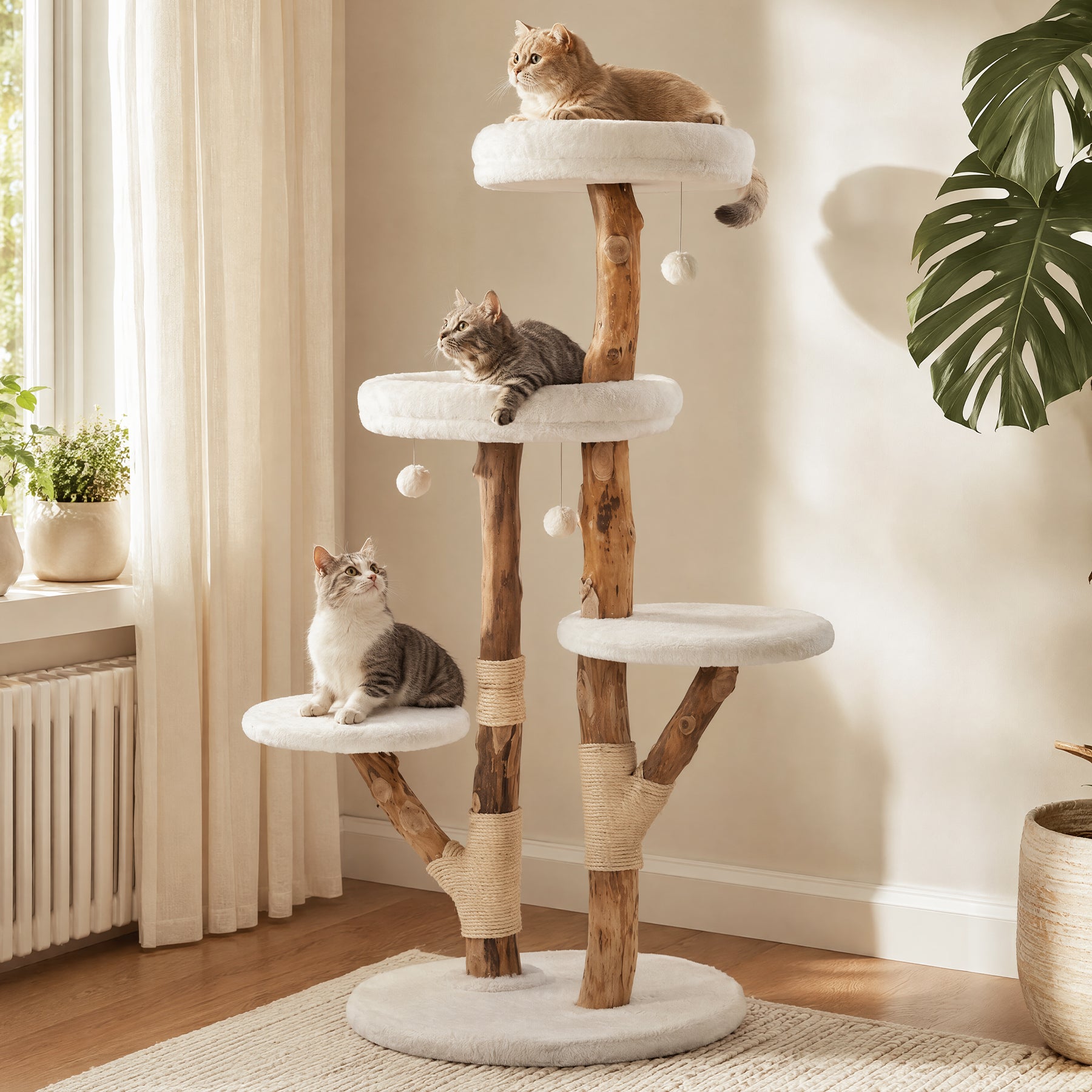 59" Cat Tree, Solid Wood Cat Tower with Scratching Post, Perches & Toy Balls