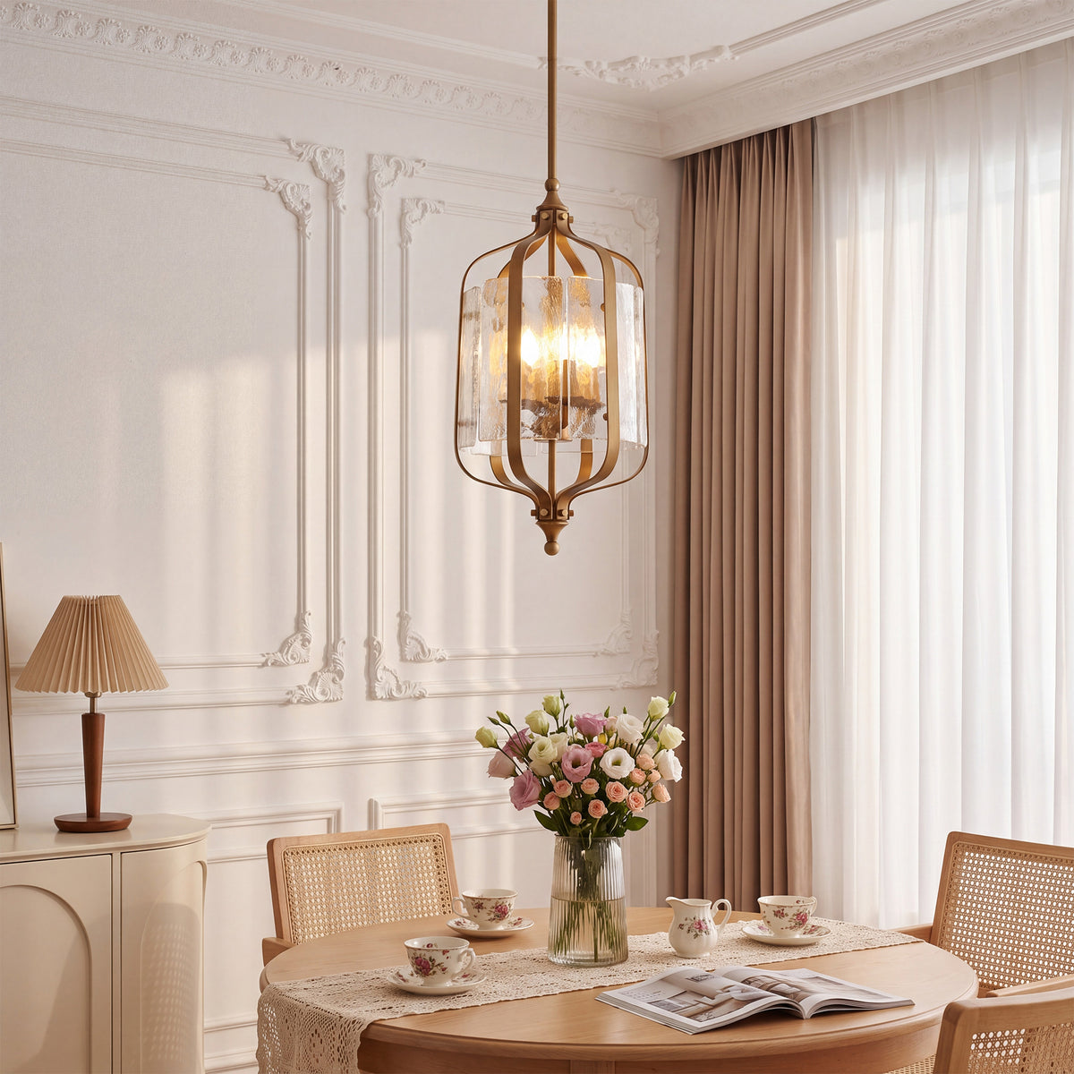 4-Light Pendant Light with Hand-Blown Textured Glass Shades, Adjustable Downrods