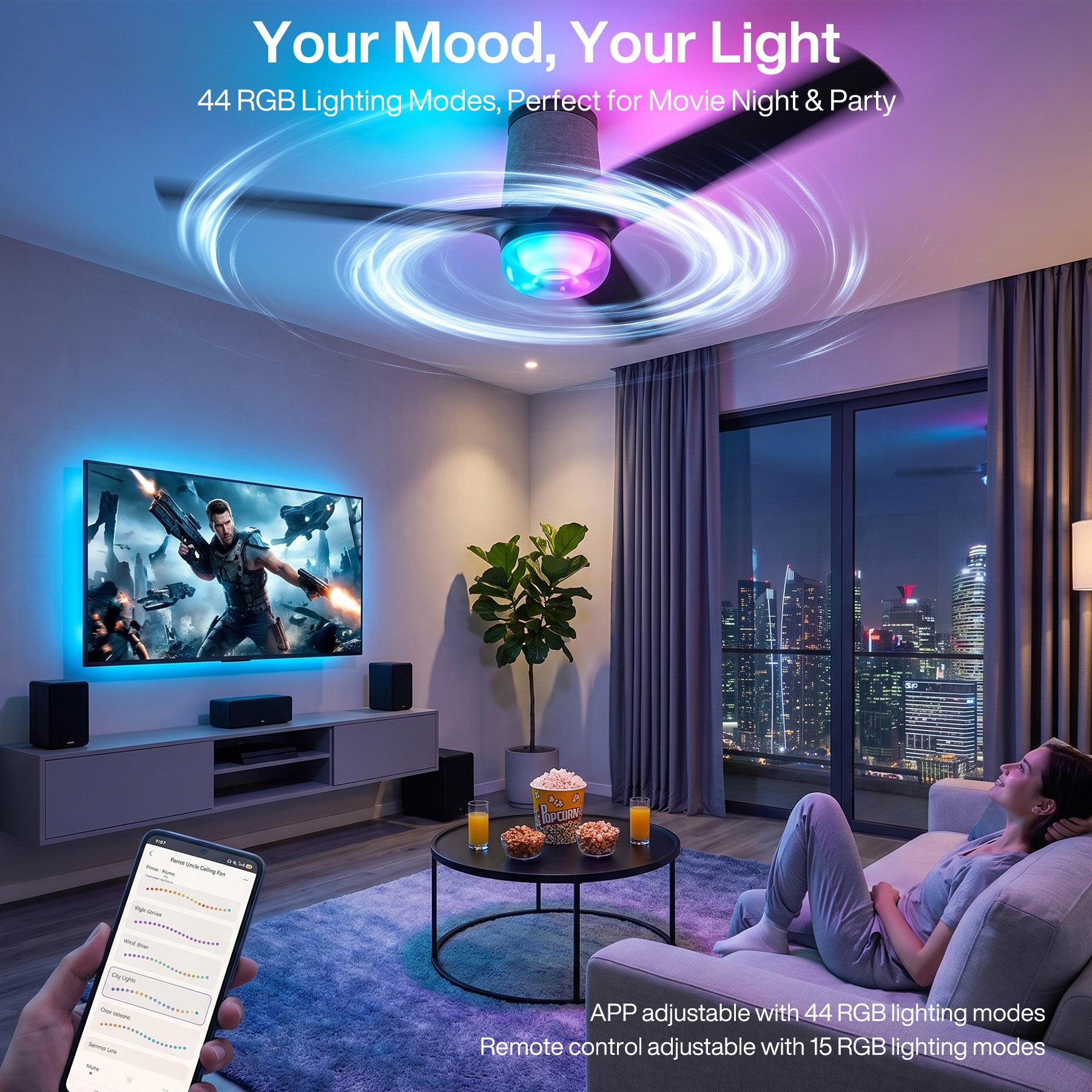 52" Ceiling Fan with RGB Light - 44 Dynamic Colors via App, Stepless Dimming 3CCT