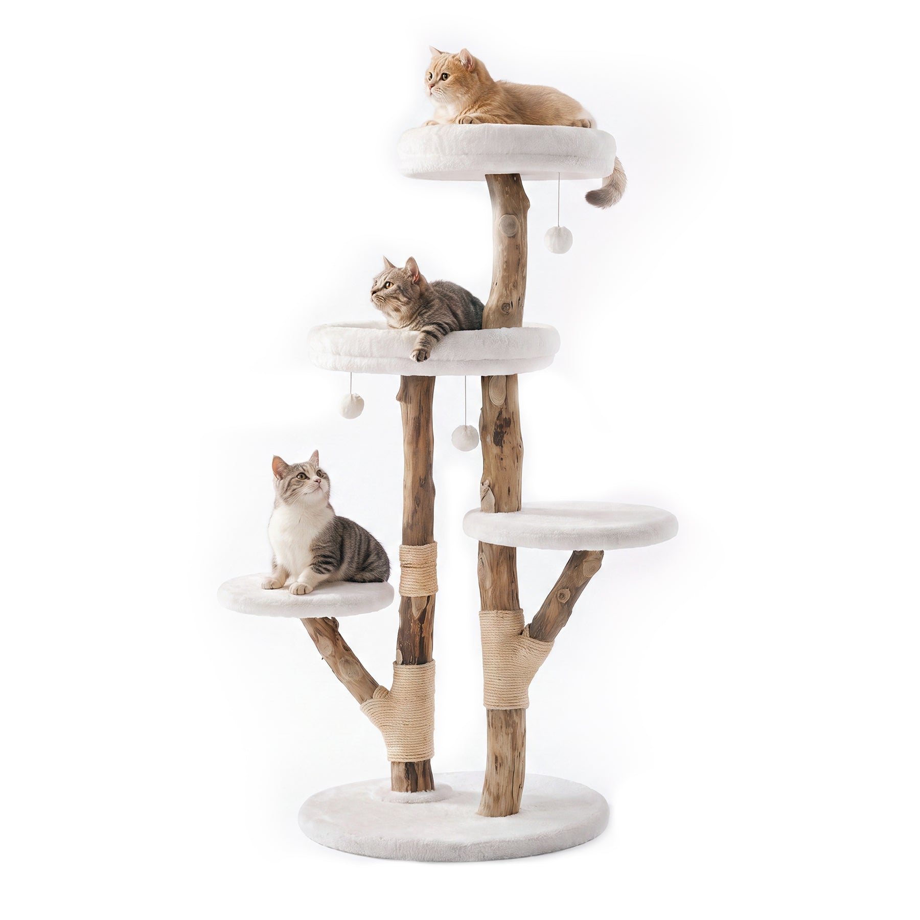 59" Cat Tree, Solid Wood Cat Tower with Scratching Post, Perches & Toy Balls