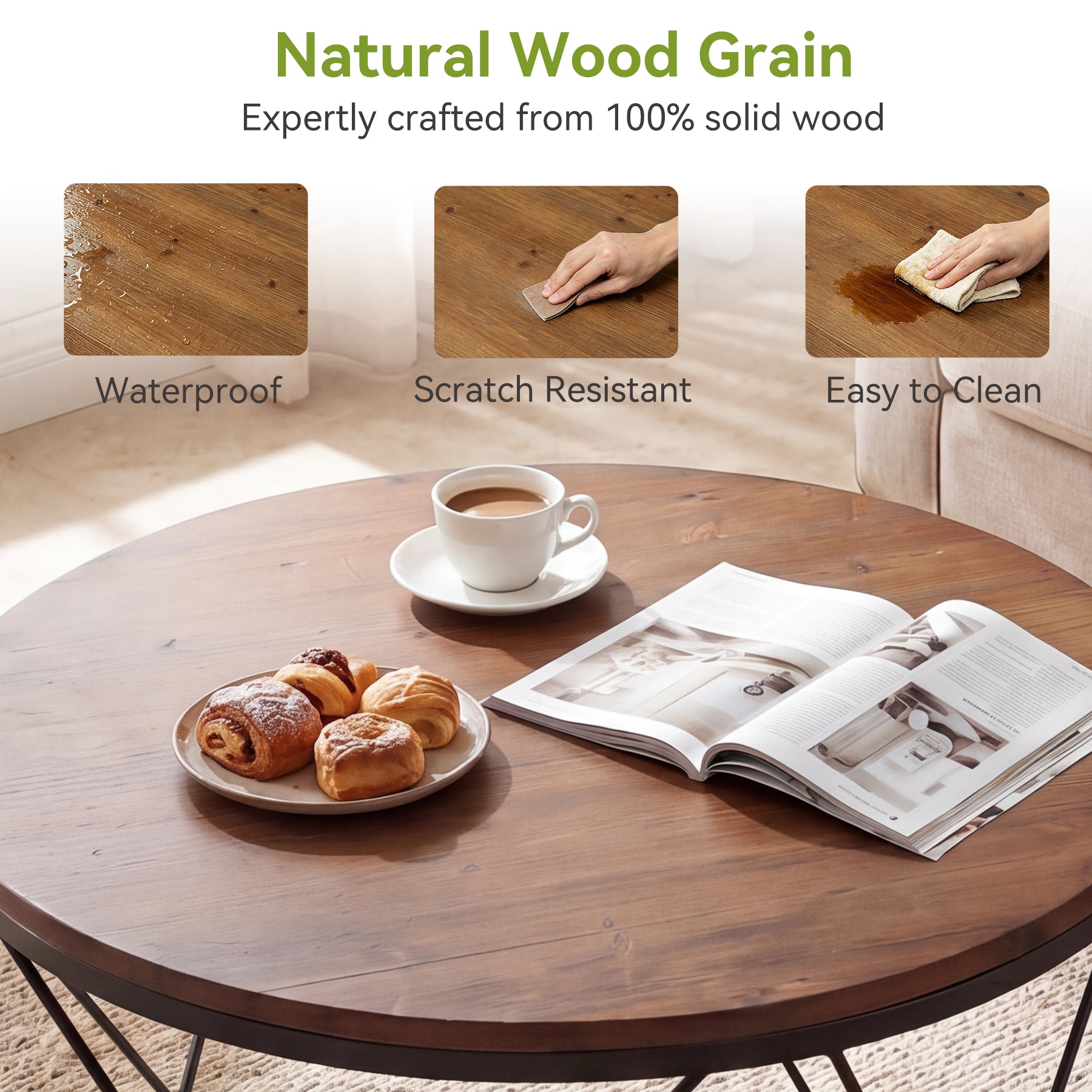 31.5" Round Coffee Table with Storage Shelf, Industrial Solid Wood Coffee Table