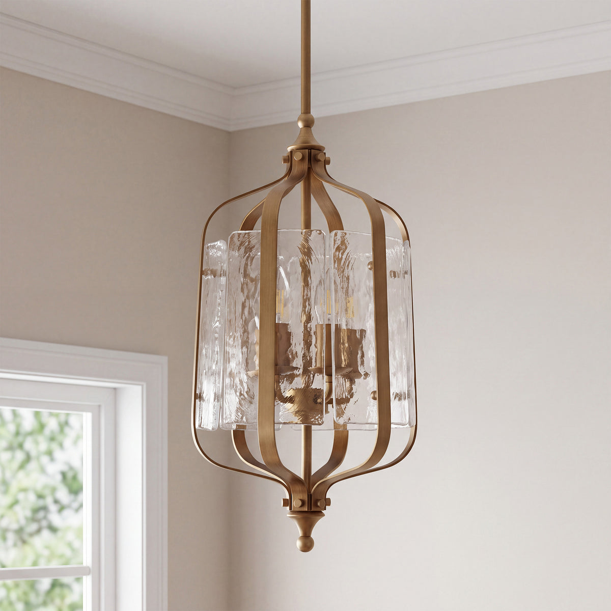 4-Light Pendant Light with Hand-Blown Textured Glass Shades, Adjustable Downrods