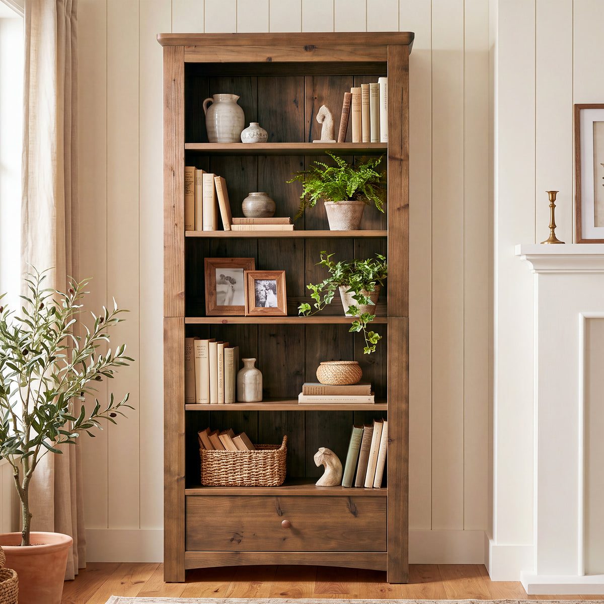 71" Tall Farmhouse Solid Wood Bookshelf with Drawer, 5-Tier Tall Bookcase
