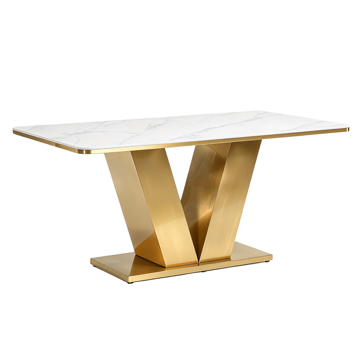 63" Sintered Stone Dining Table, Luxury Kitchen Table with V-Shape Steel Base for 4-6 People