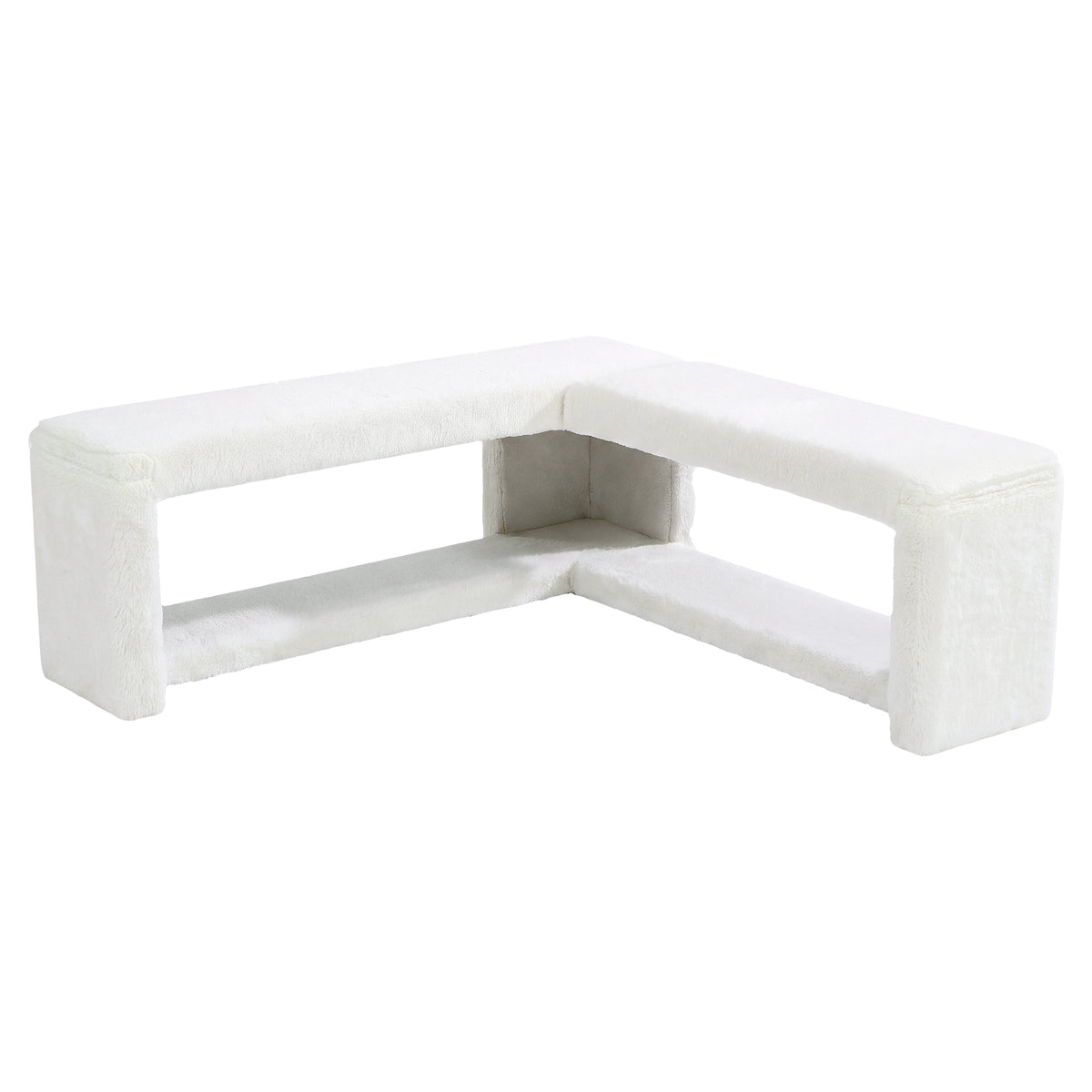 L-Shaped Corner Shoe Bench, Off-White Arctic Velvet Upholstery, Thick Padded Seat