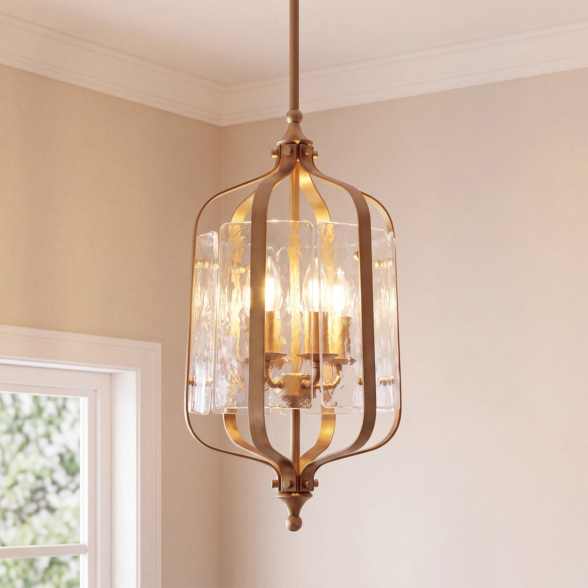 4-Light Pendant Light with Hand-Blown Textured Glass Shades, Adjustable Downrods