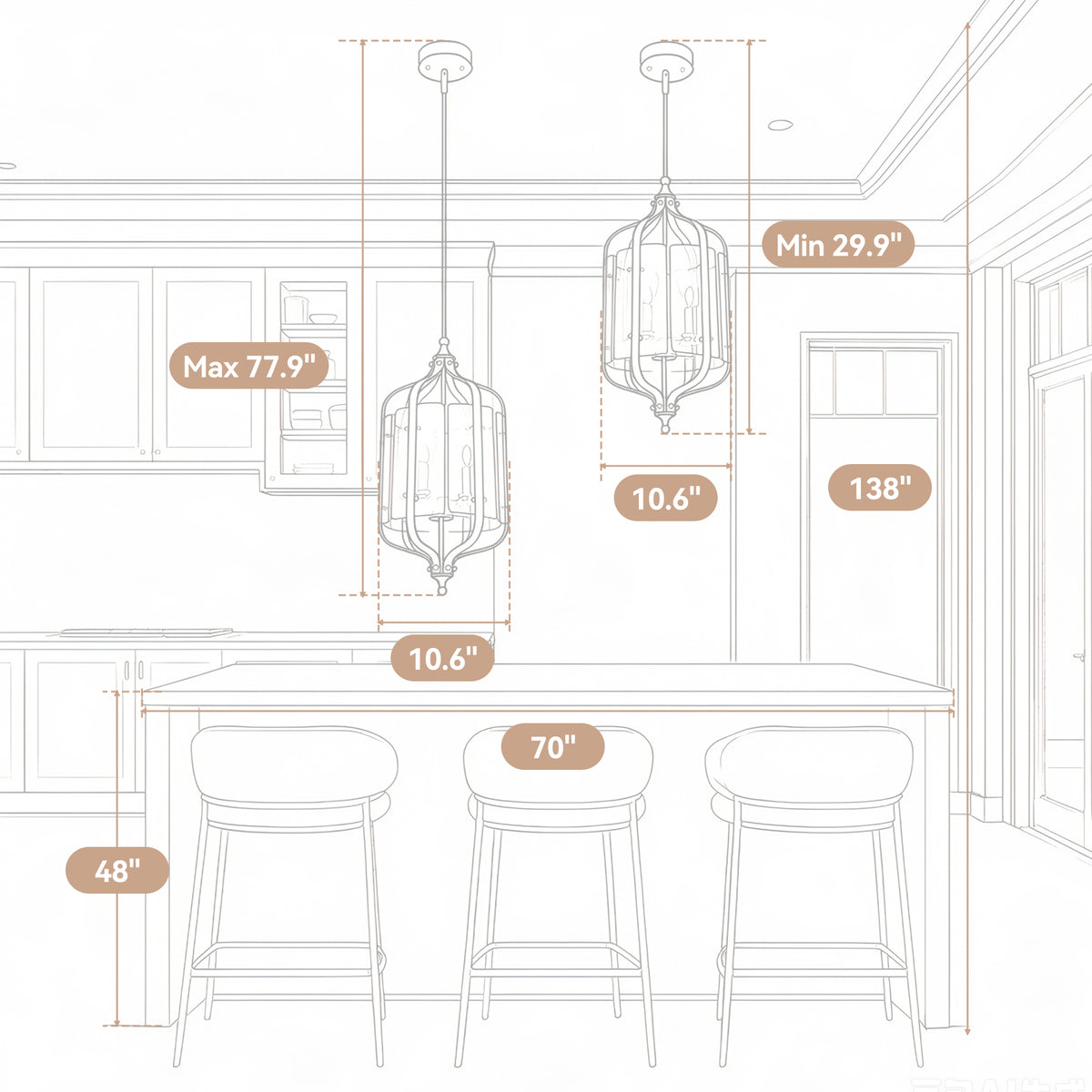 4-Light Pendant Light with Hand-Blown Textured Glass Shades, Adjustable Downrods