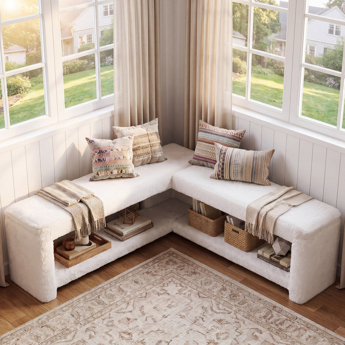 L-Shaped Corner Shoe Bench, Off-White Arctic Velvet Upholstery, Thick Padded Seat