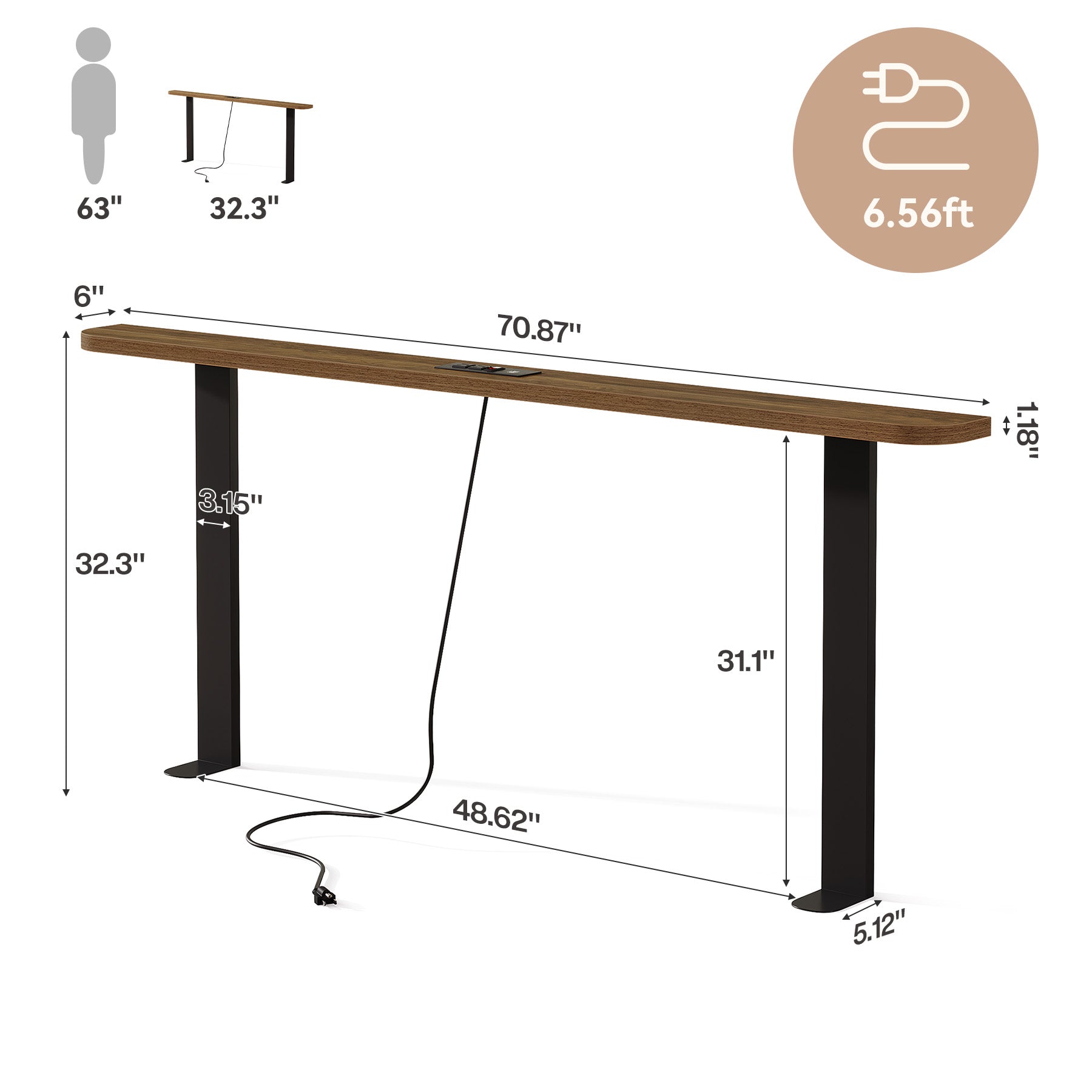 70.87" Behind Couch Table with Power Outlets, Skinny Console Sofa Table for Living Room