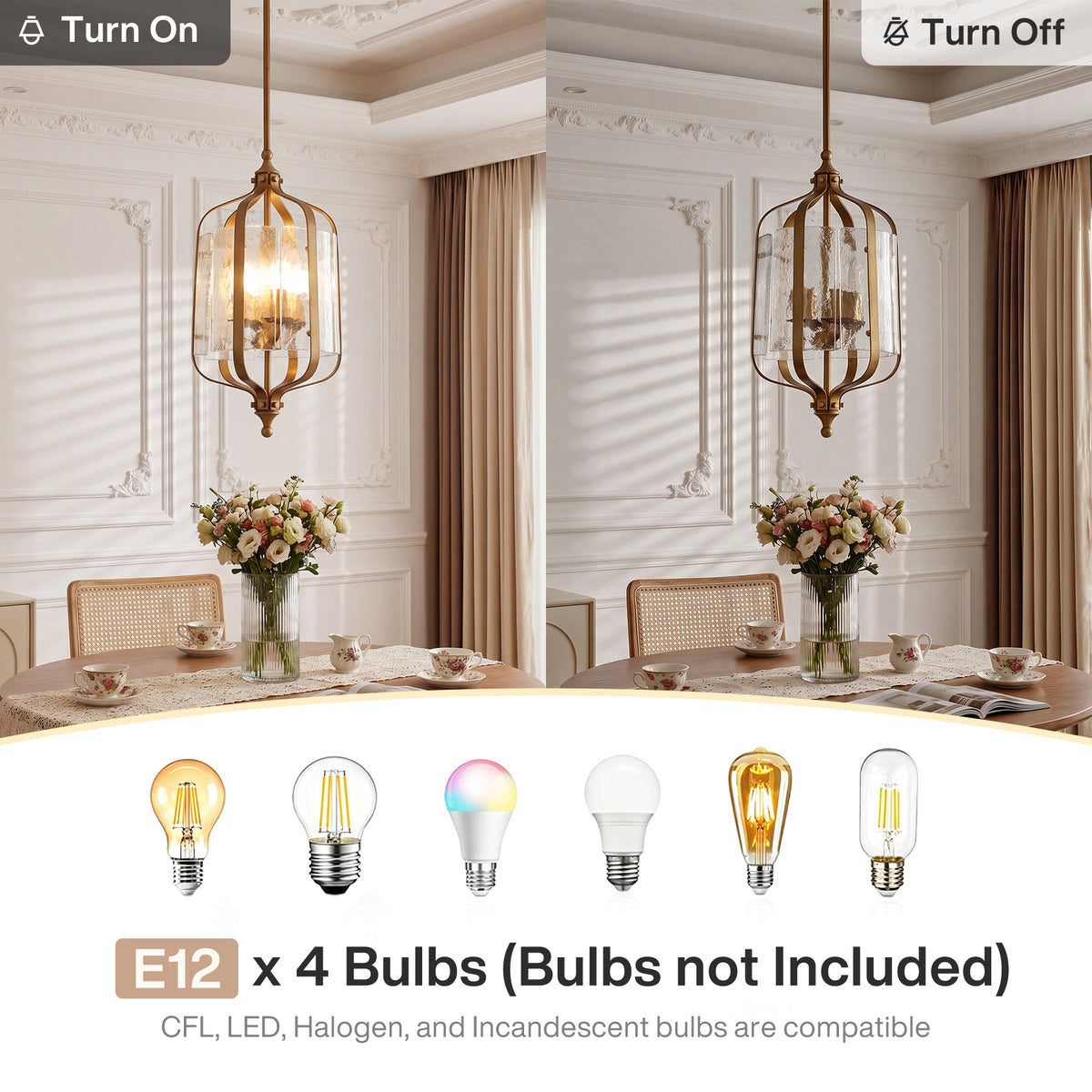 4-Light Pendant Light with Hand-Blown Textured Glass Shades, Adjustable Downrods