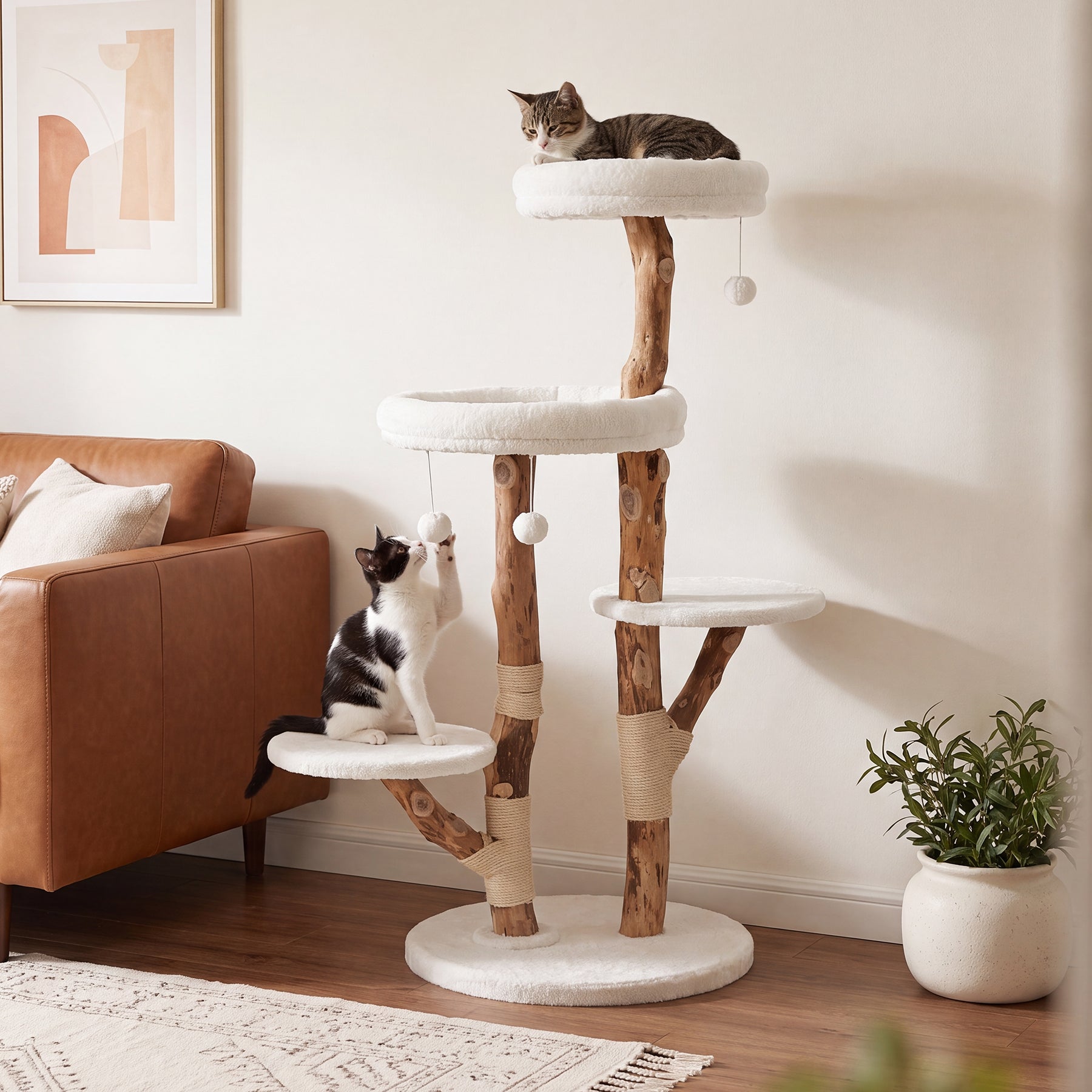 59" Cat Tree, Solid Wood Cat Tower with Scratching Post, Perches & Toy Balls