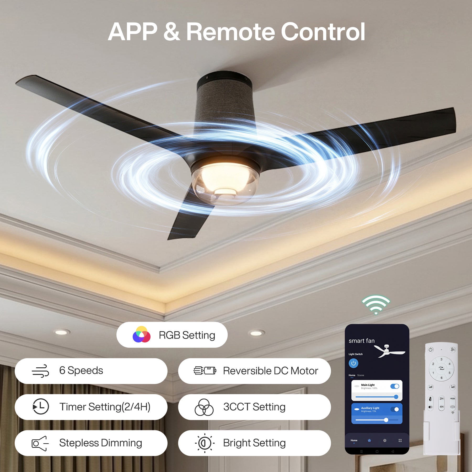 52" Ceiling Fan with RGB Light - 44 Dynamic Colors via App, Stepless Dimming 3CCT