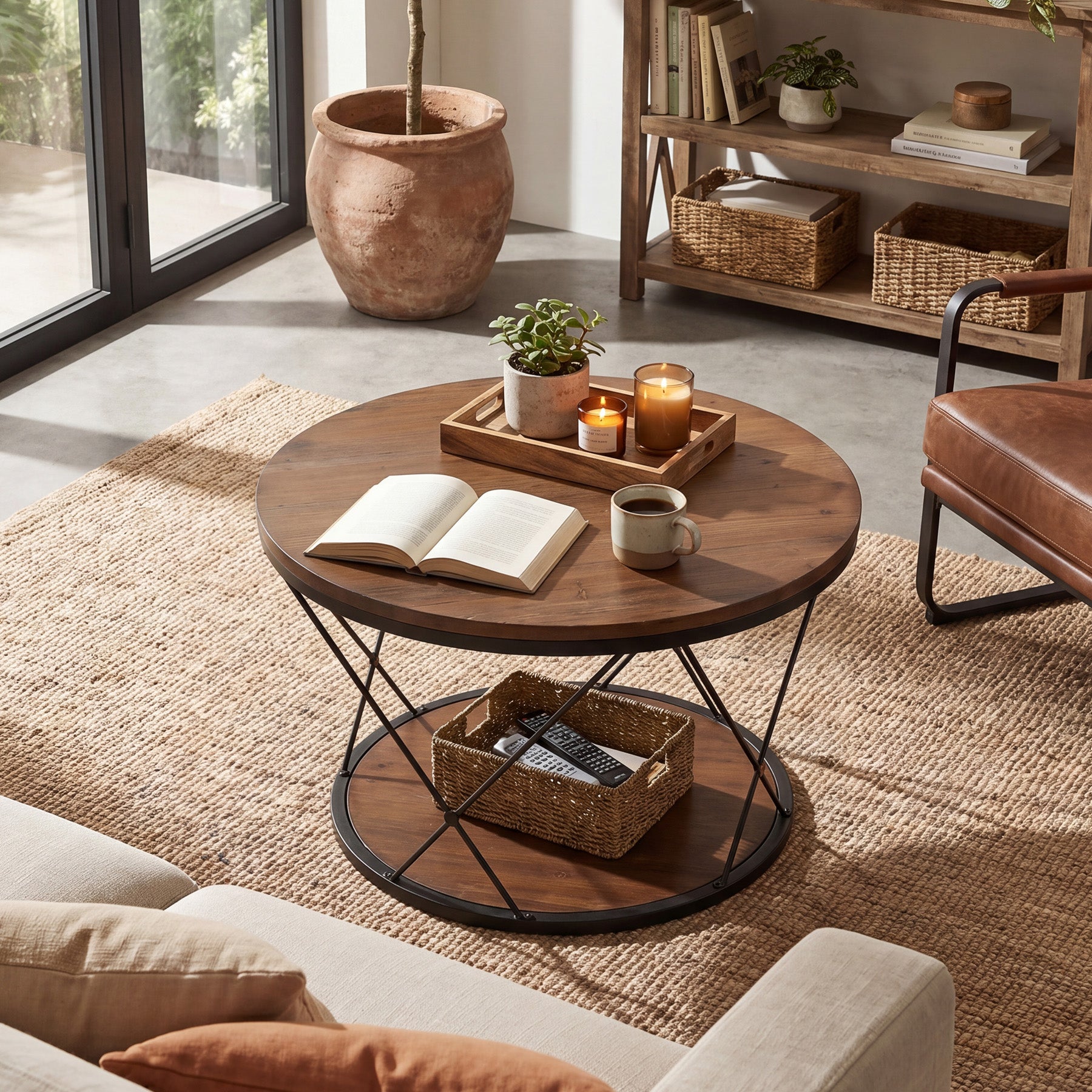 31.5" Round Coffee Table with Storage Shelf, Industrial Solid Wood Coffee Table