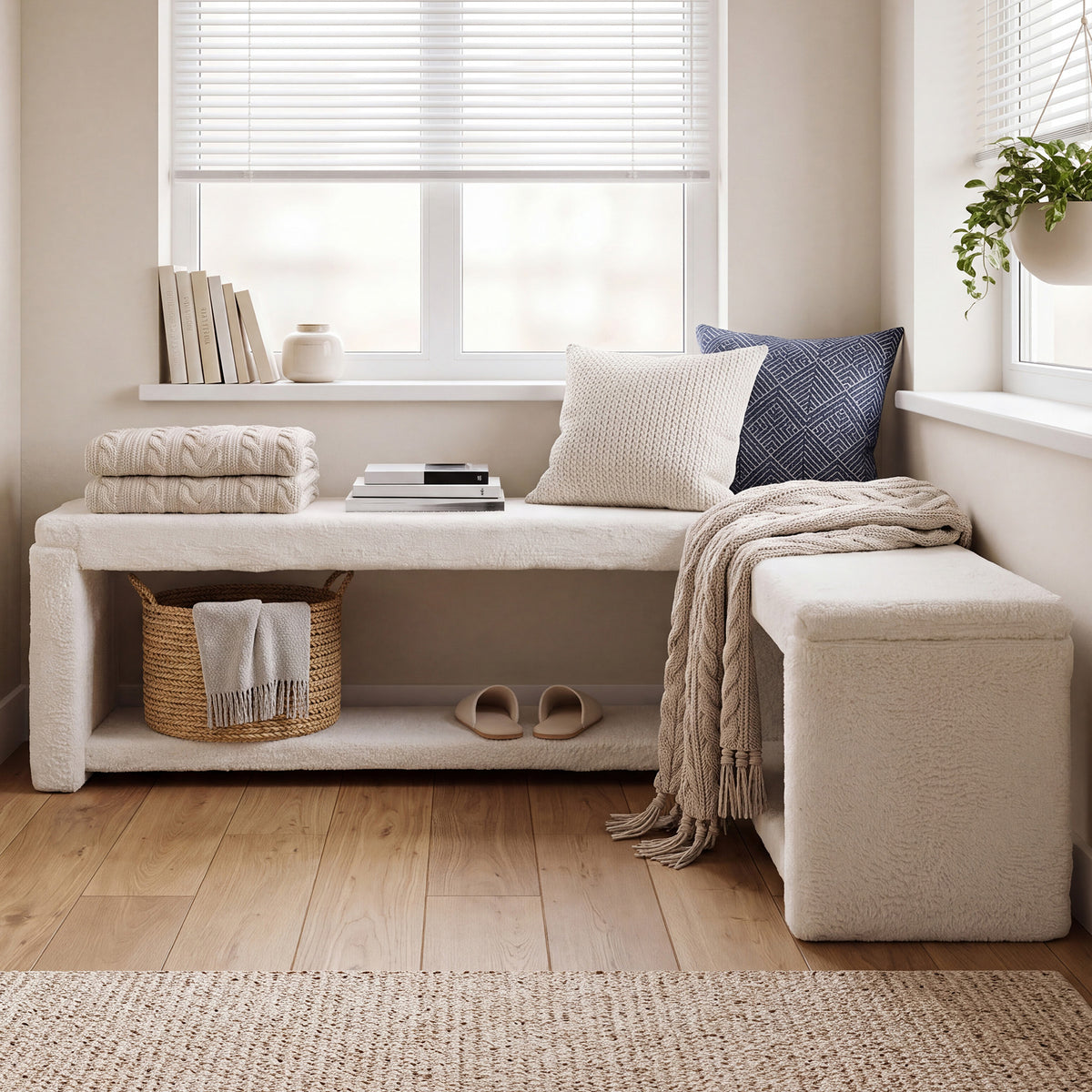 L-Shaped Corner Shoe Bench, Off-White Arctic Velvet Upholstery, Thick Padded Seat