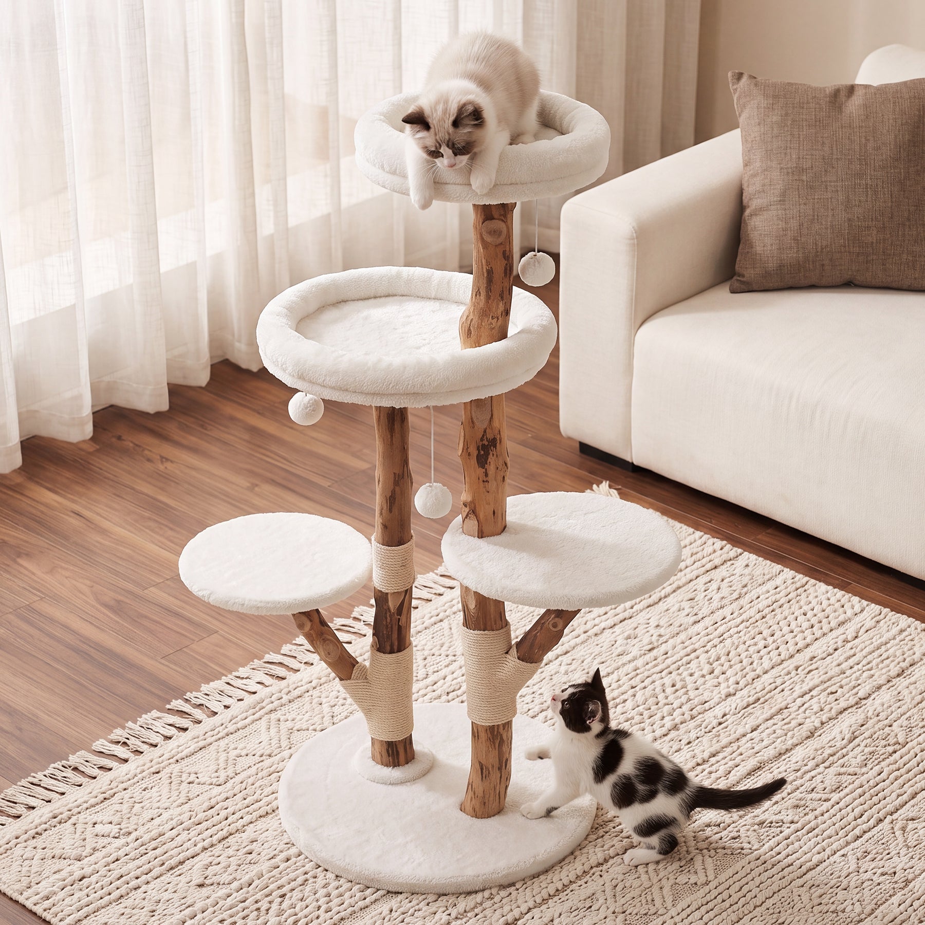 59" Cat Tree, Solid Wood Cat Tower with Scratching Post, Perches & Toy Balls
