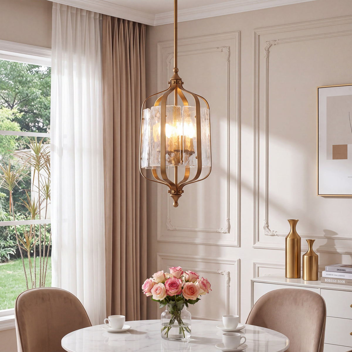 4-Light Pendant Light with Hand-Blown Textured Glass Shades, Adjustable Downrods