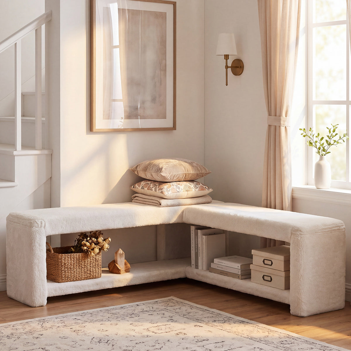 L-Shaped Corner Shoe Bench, Off-White Arctic Velvet Upholstery, Thick Padded Seat