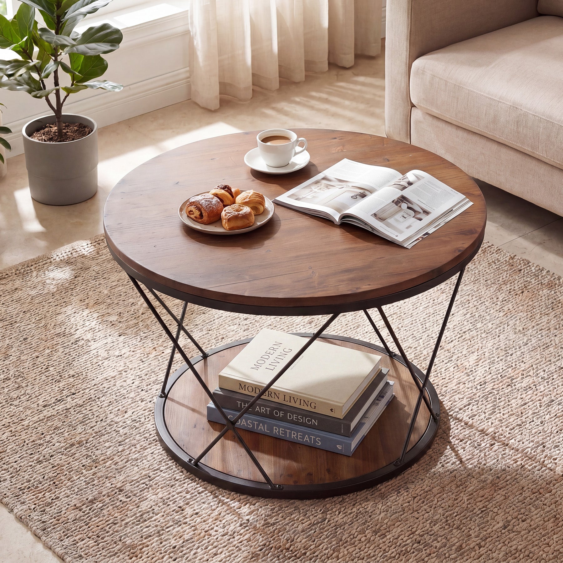 31.5" Round Coffee Table with Storage Shelf, Industrial Solid Wood Coffee Table