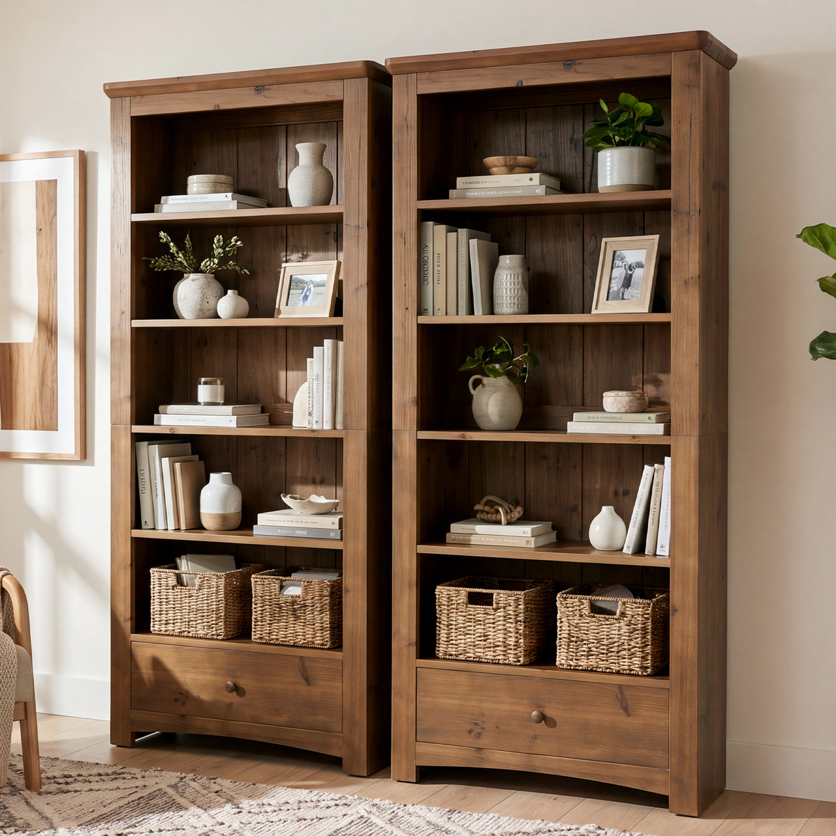 71" Tall Farmhouse Solid Wood Bookshelf with Drawer, 5-Tier Tall Bookcase