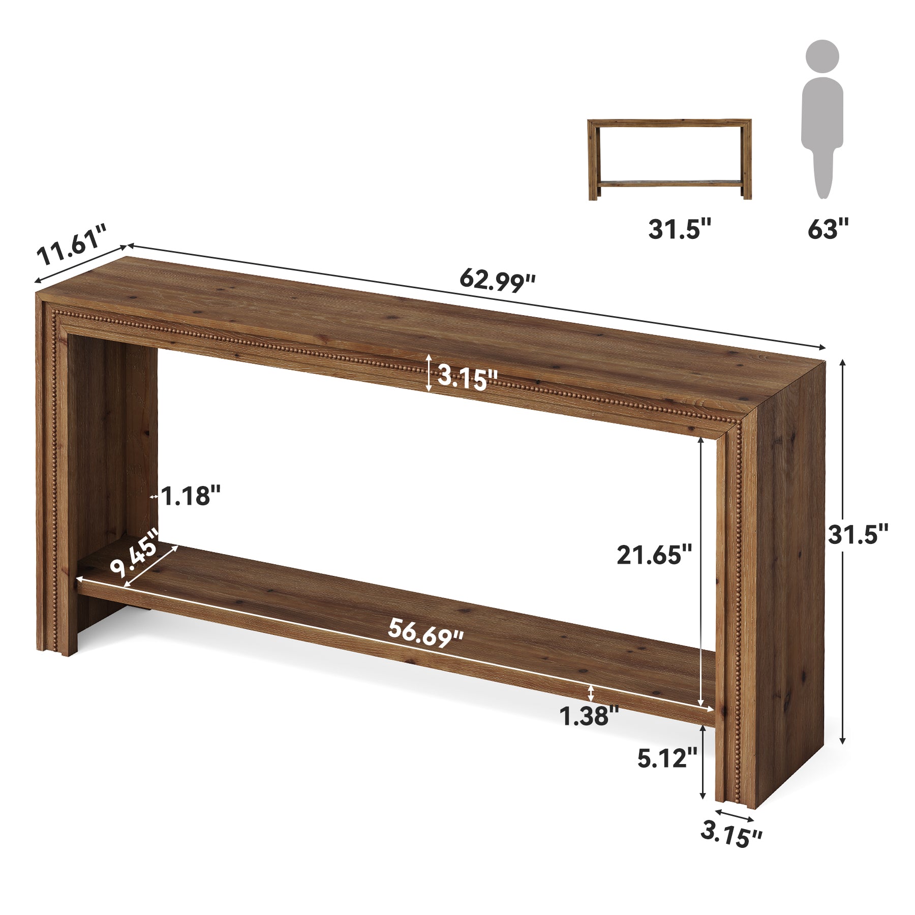 63" Solid Wood Console Table, Narrow Entryway Table with 2-Tier Storage Shelf