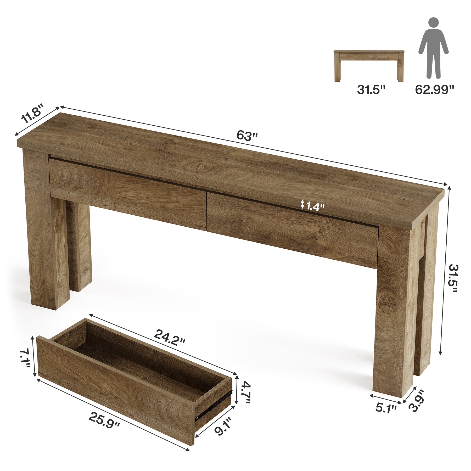 63" Console Table with 2 Drawers, Farmhouse Entryway Sofa Table Behind Couch
