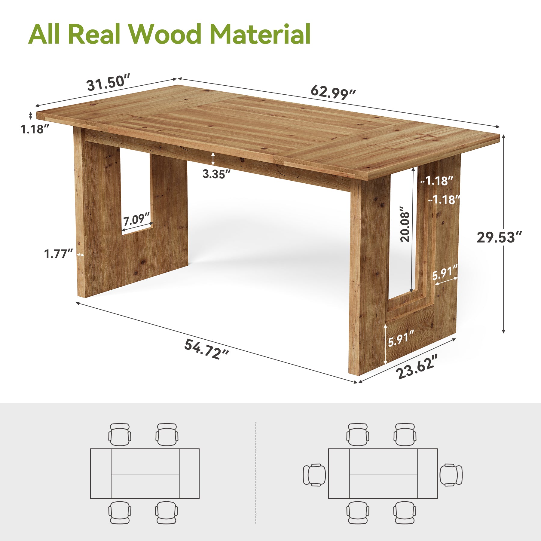 63" Solid Wood Farmhouse Dining Table for 6, Rectangular Wooden Kitchen Table