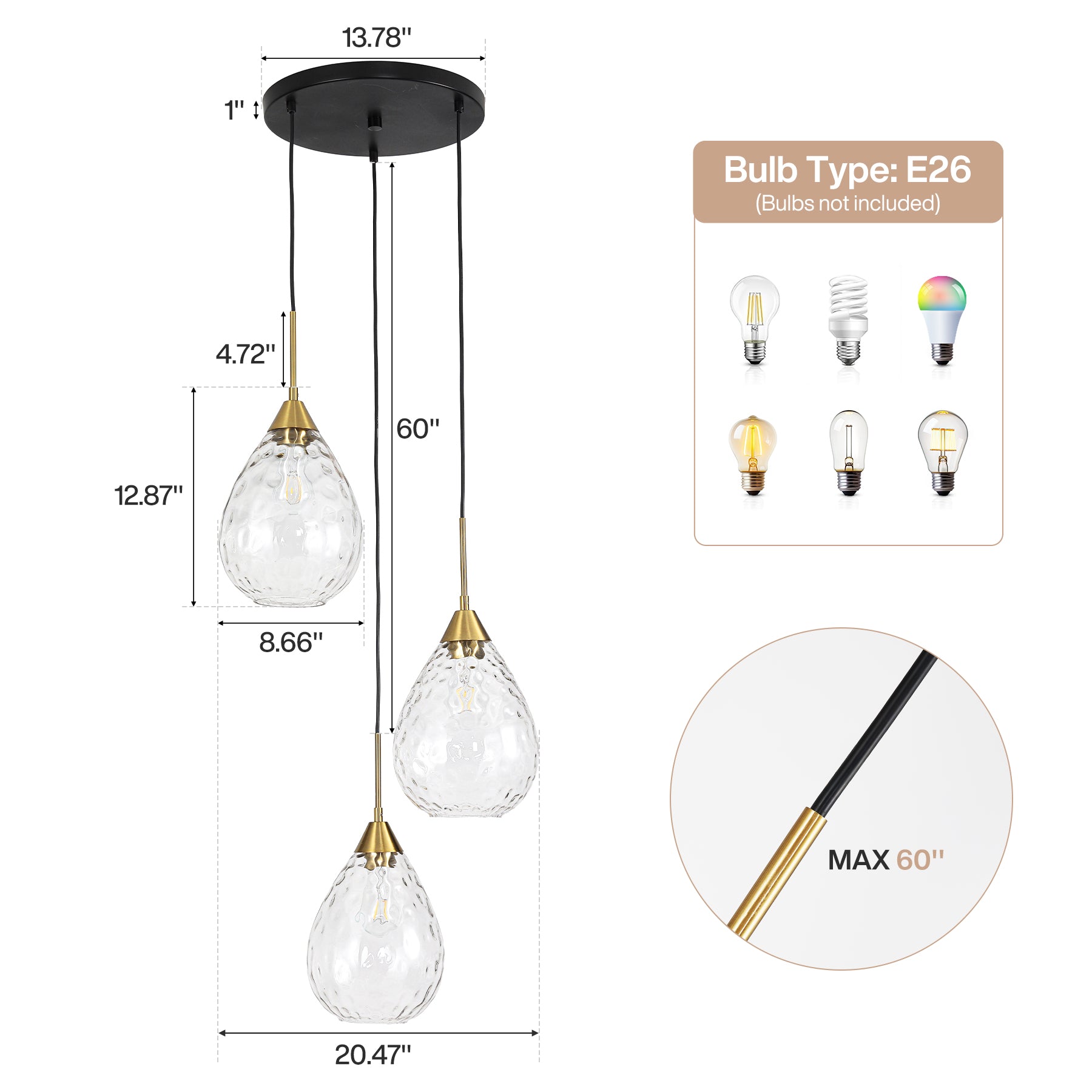 3-Light Pendant Light, Modern Hanging Cluster Ceiling Light Fixture, Adjustable Height