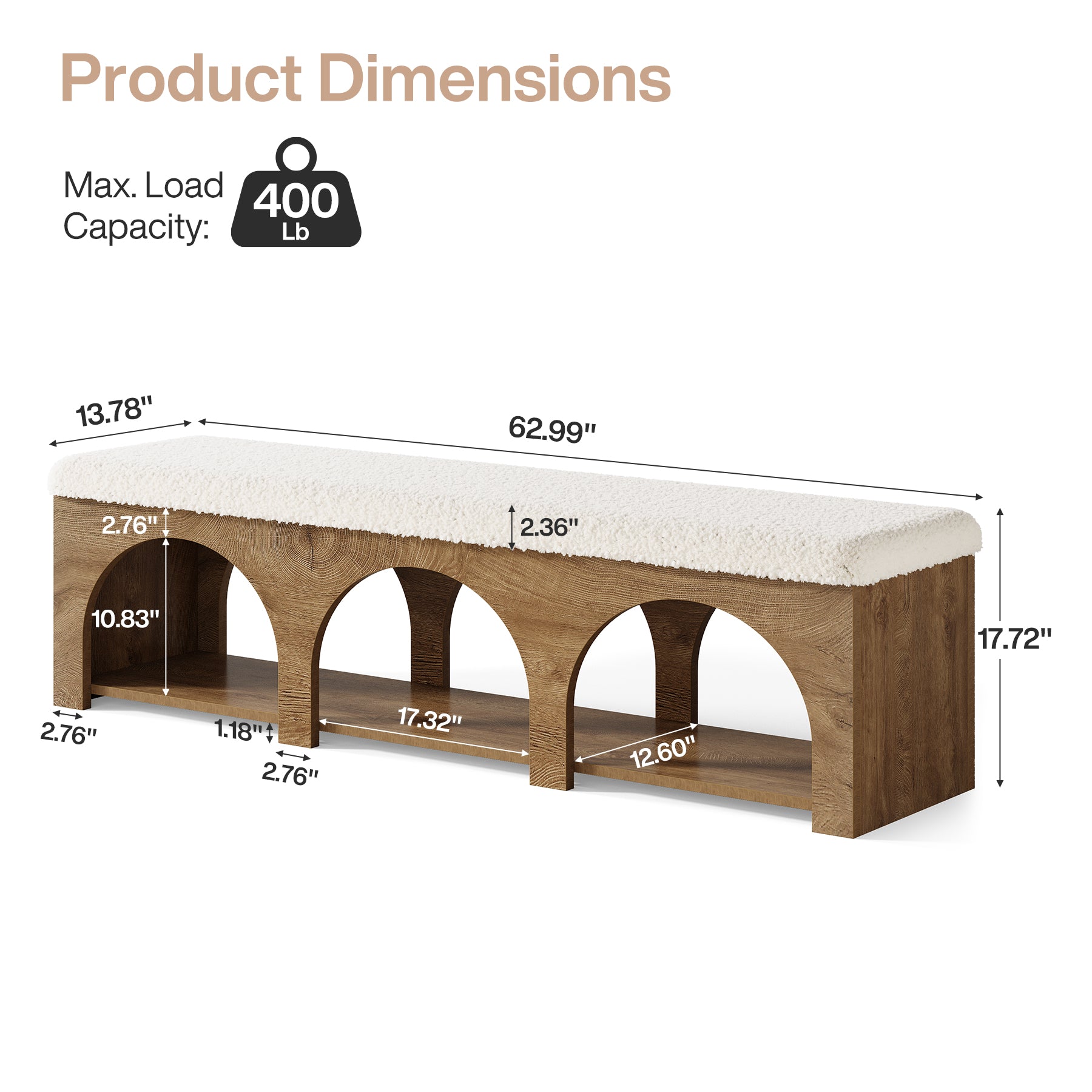 63" Upholstered Entryway Bench, 2-Tier Shoe Bench with Cushion and Shelf