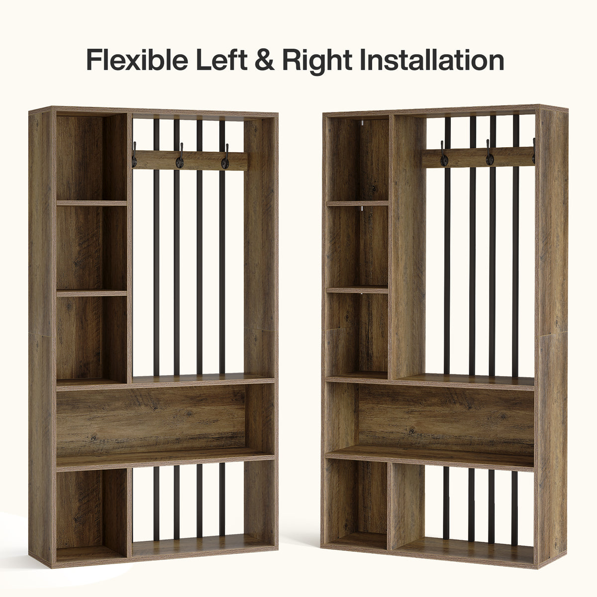 71" Modern Wood Room Divider with Shelves, Coat Hooks & LED Light, Freestanding