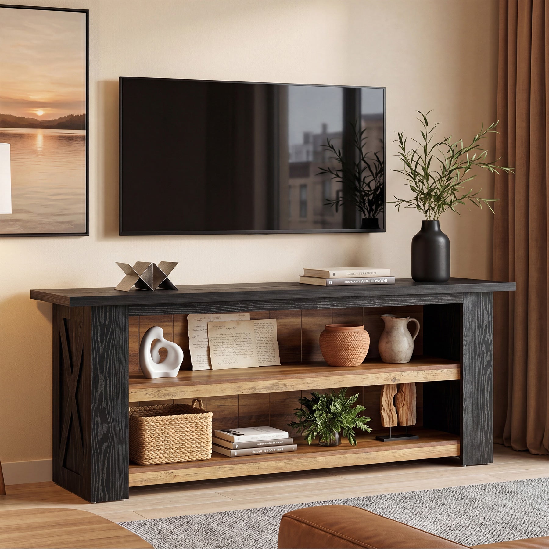 63-Inch Farmhouse TV Stand with X-Shaped Side Panels, Black Entertainment Center for Living Room