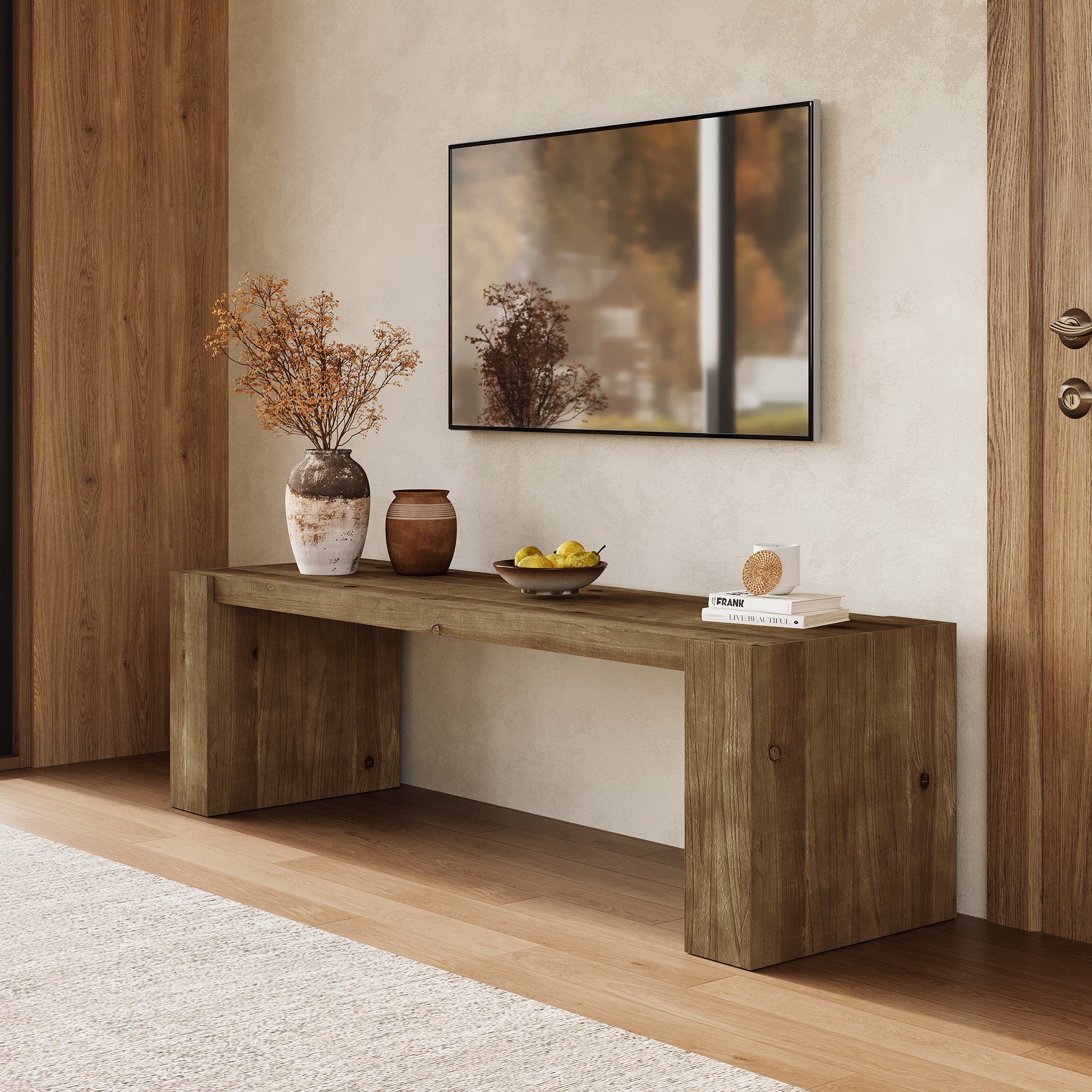 59" Entryway Bench, Solid Wood Bench Seat TV Stand with Sturdy Frame