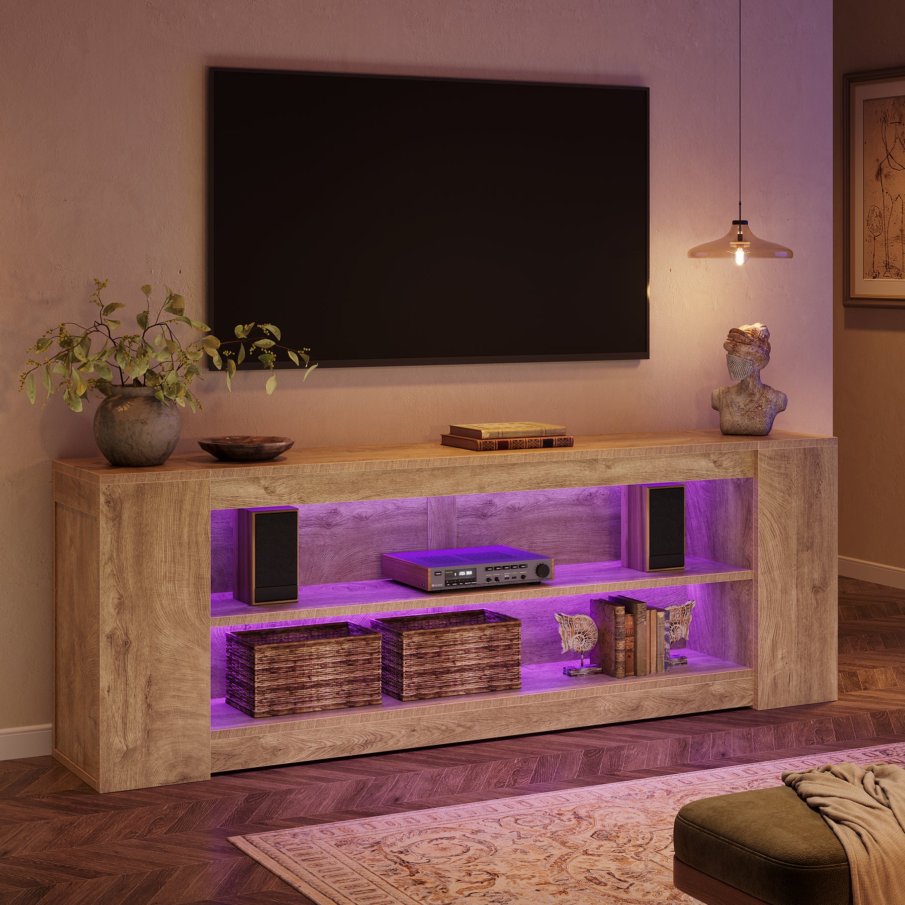 78" LED Light TV Stand for TVs up to 90", 3 Tiers Farmhouse Entertainment Center with Open Storage Shelves