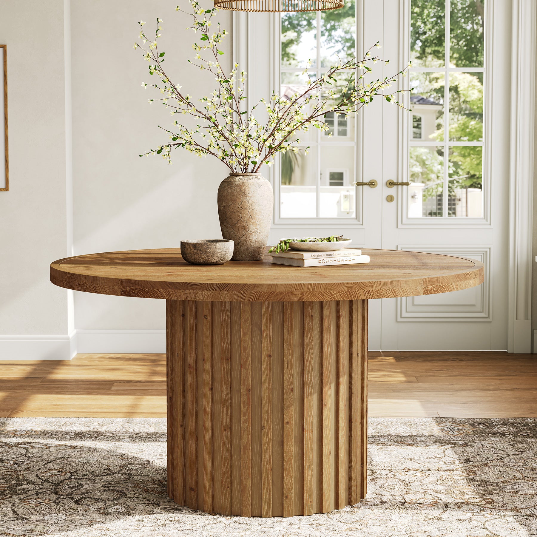 Round Solid Wood Dining Table for 4, 47" Kitchen Table with Fluted Pedestal Base