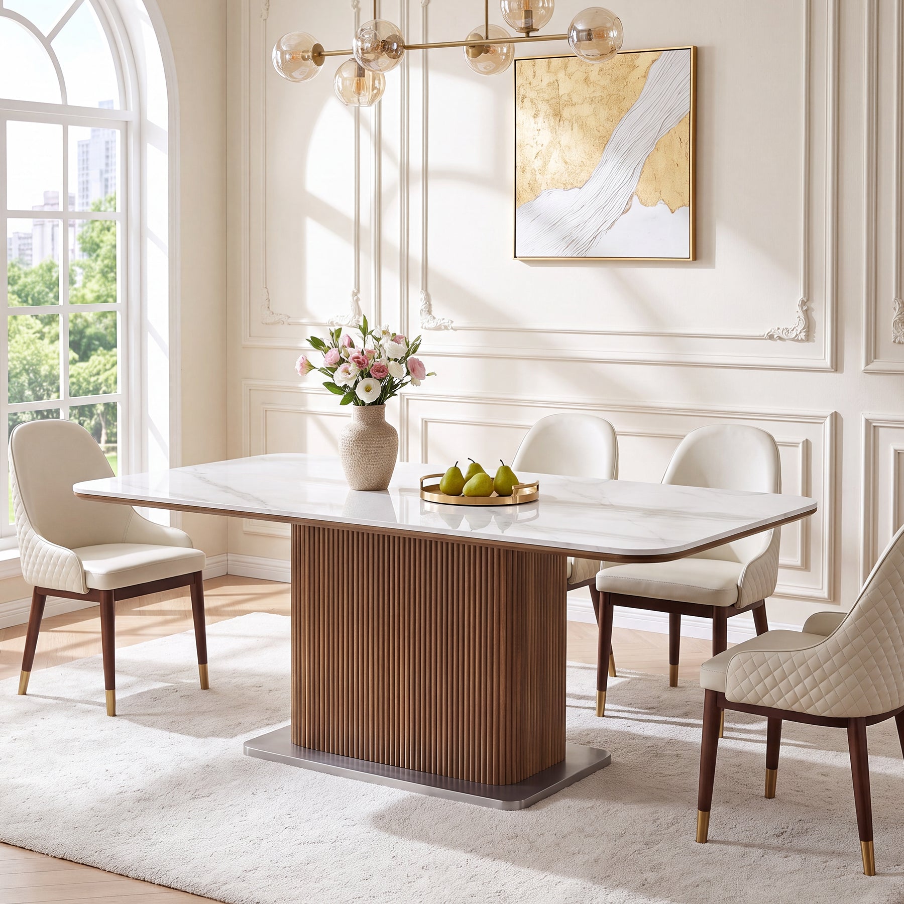 63" Sintered Stone Dining Table, Rectangle Kitchen Table with Solid Wood Fluted Base for 4-6