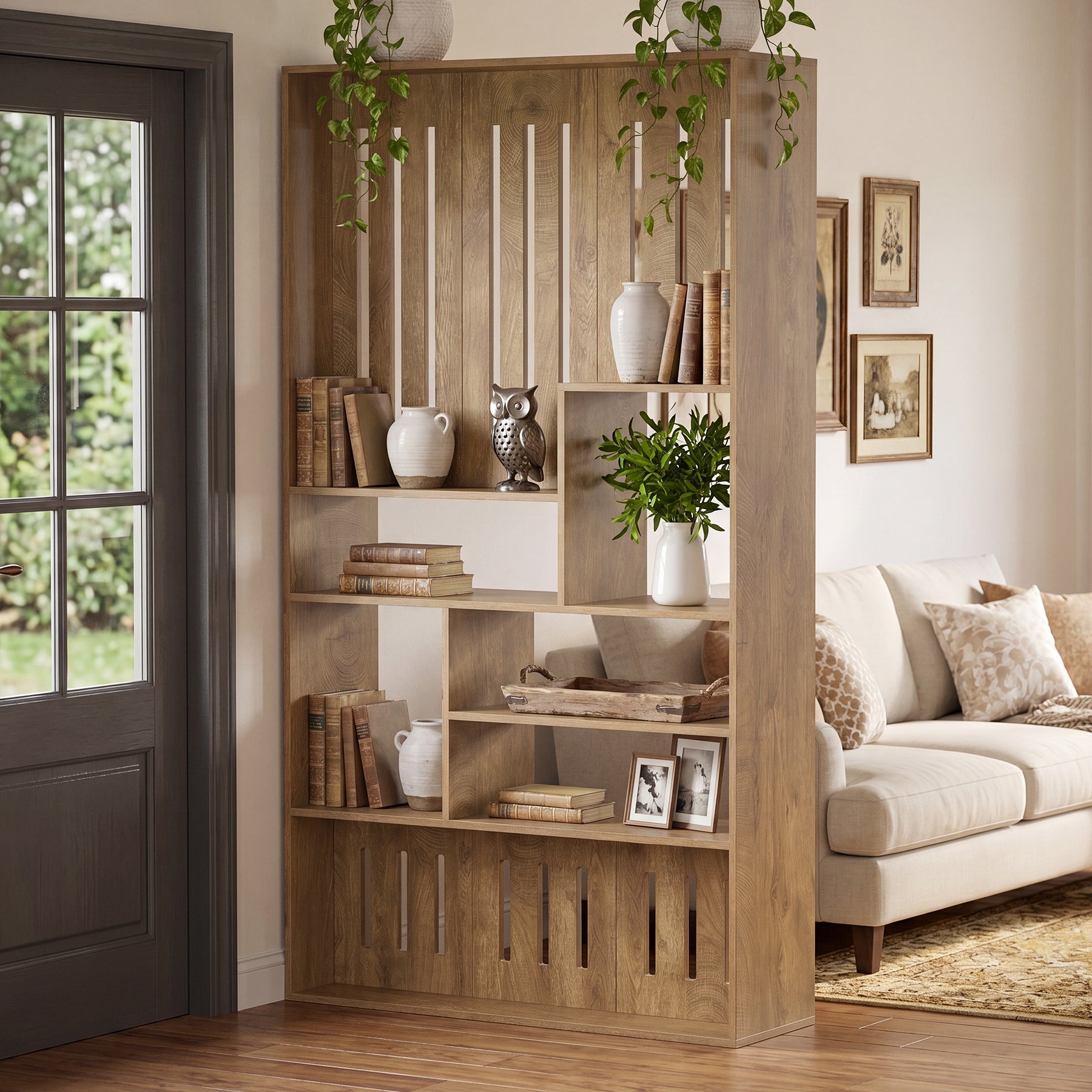 70.9" Wall Room Divider with Staggered Shelves, Freestanding Wall Partition for Living Room, Bedroom