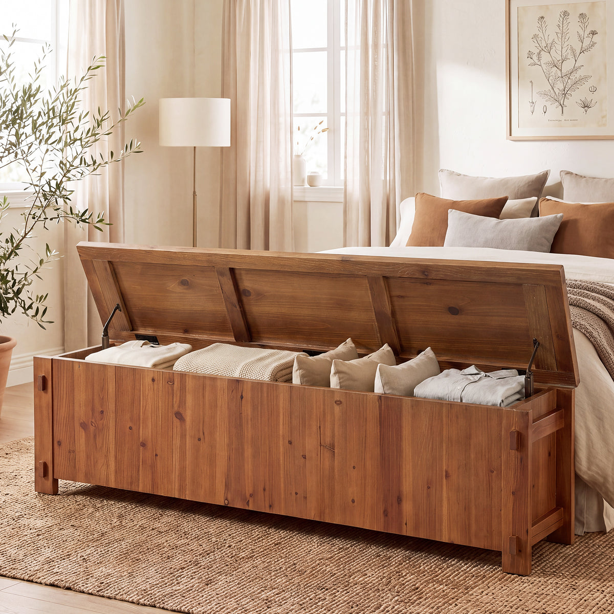 63" Solid Wood Storage Bench, Farmhouse End of Bed Bench with Soft-Close Lid for Bedroom