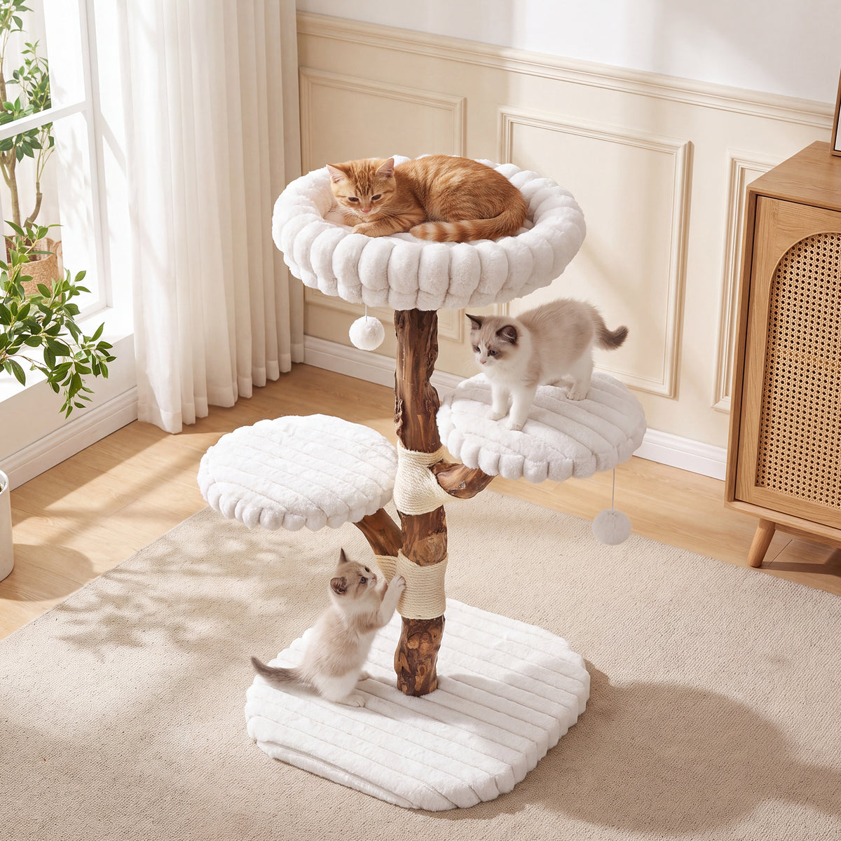 32" Tall Solid Wood Cat Tree with Scratching Posts, Modern Multi-Level Kitten Tower