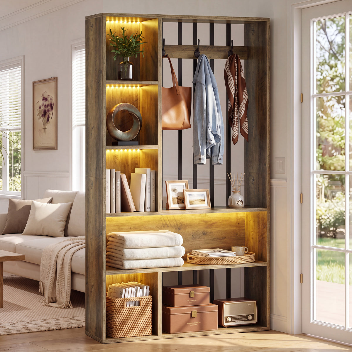 71" Modern Wood Room Divider with Shelves, Coat Hooks & LED Light, Freestanding