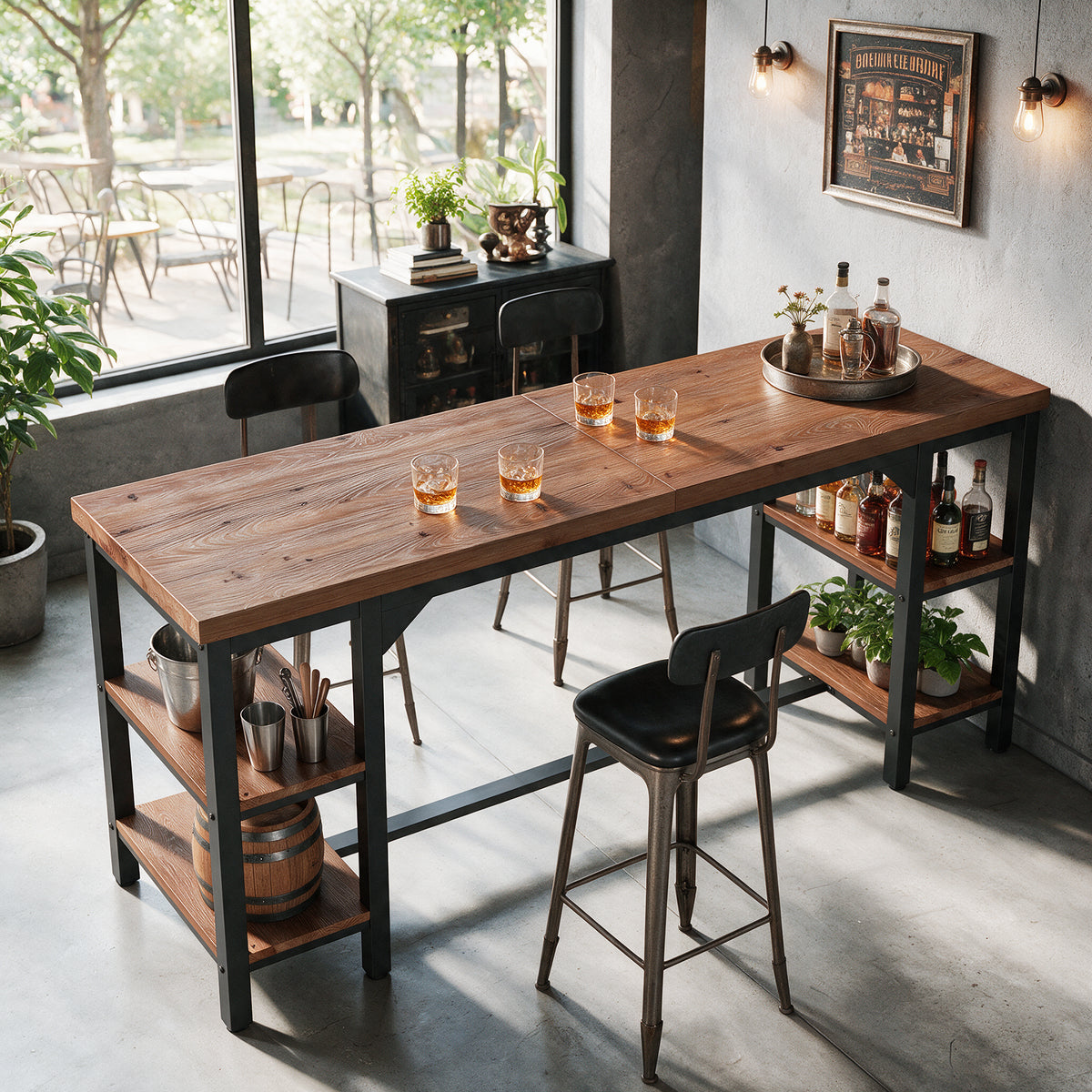 79" Industrial Bar Height Table with 2-Tier Side Storage, Rectangular Pub Table