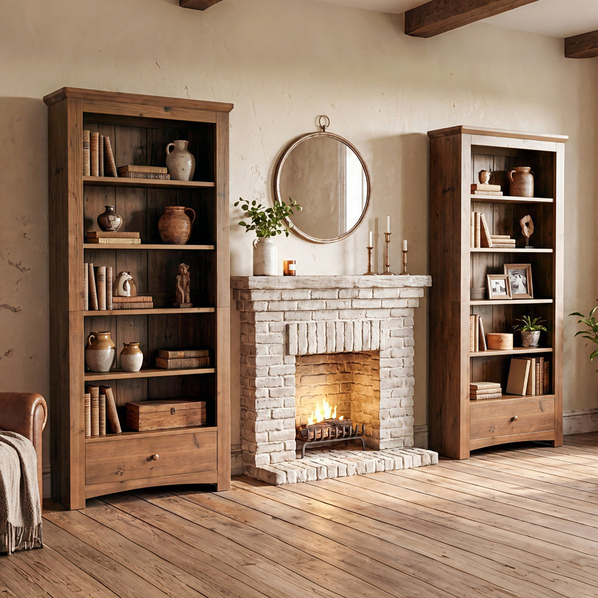 71" Tall Farmhouse Solid Wood Bookshelf with Drawer, 5-Tier Tall Bookcase