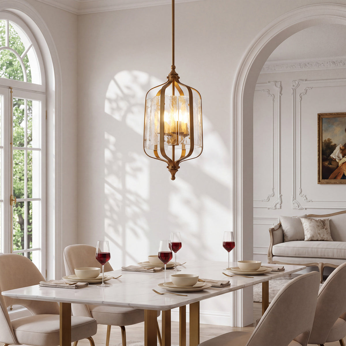 4-Light Pendant Light with Hand-Blown Textured Glass Shades, Adjustable Downrods