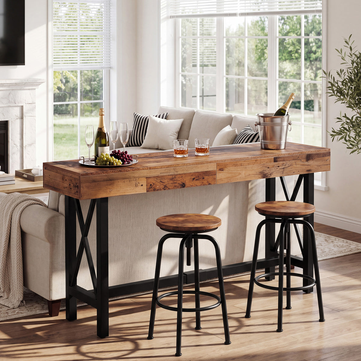 71" Counter Height Bar Table, Industrial Rectangular Pub Table with Metal Footrest