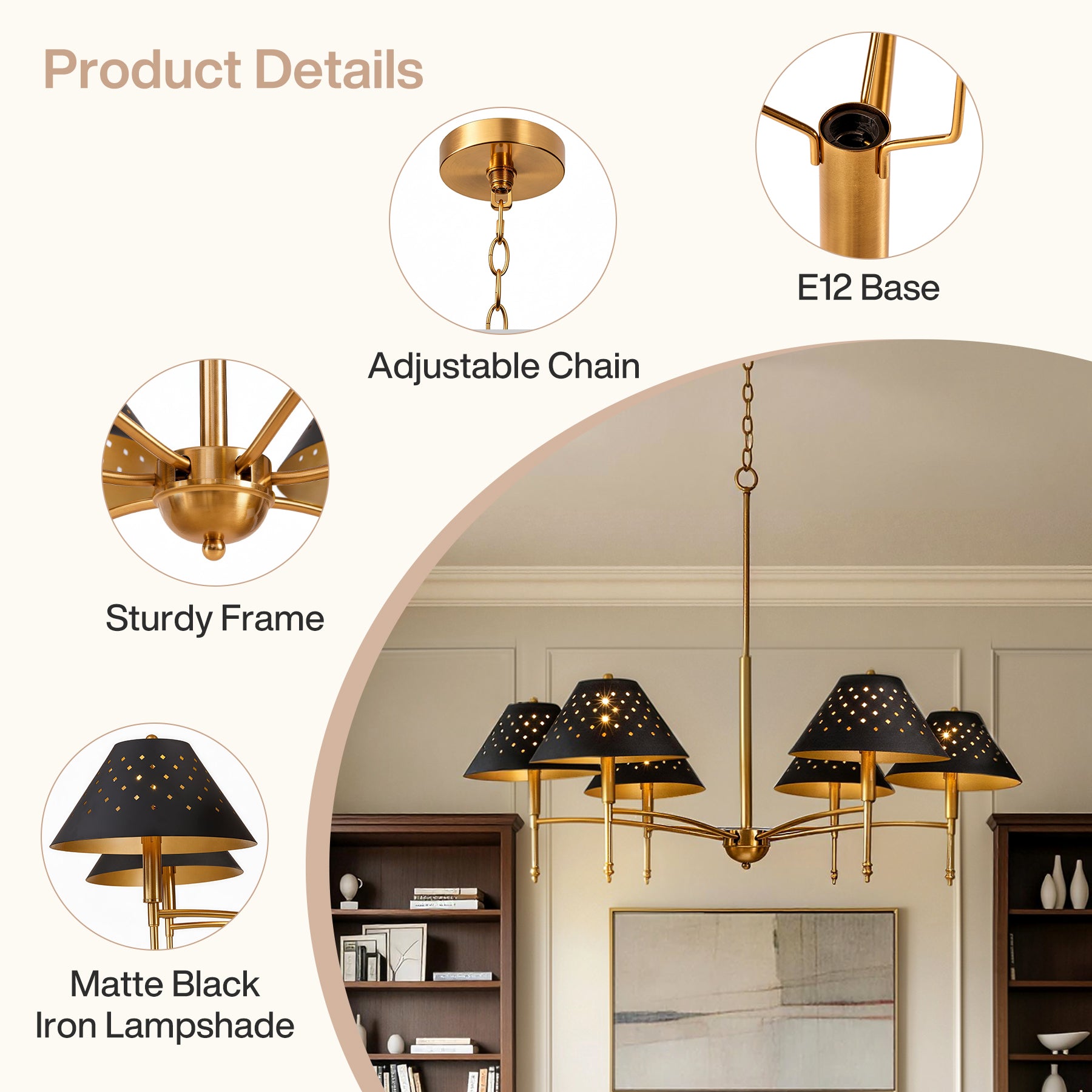 6-Light Chandelier with Matte Black Lampshade, 35" Farmhouse Height Adjustable Pendant Light Fixture
