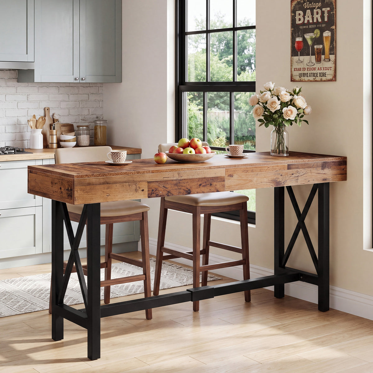 71" Counter Height Bar Table, Industrial Rectangular Pub Table with Metal Footrest